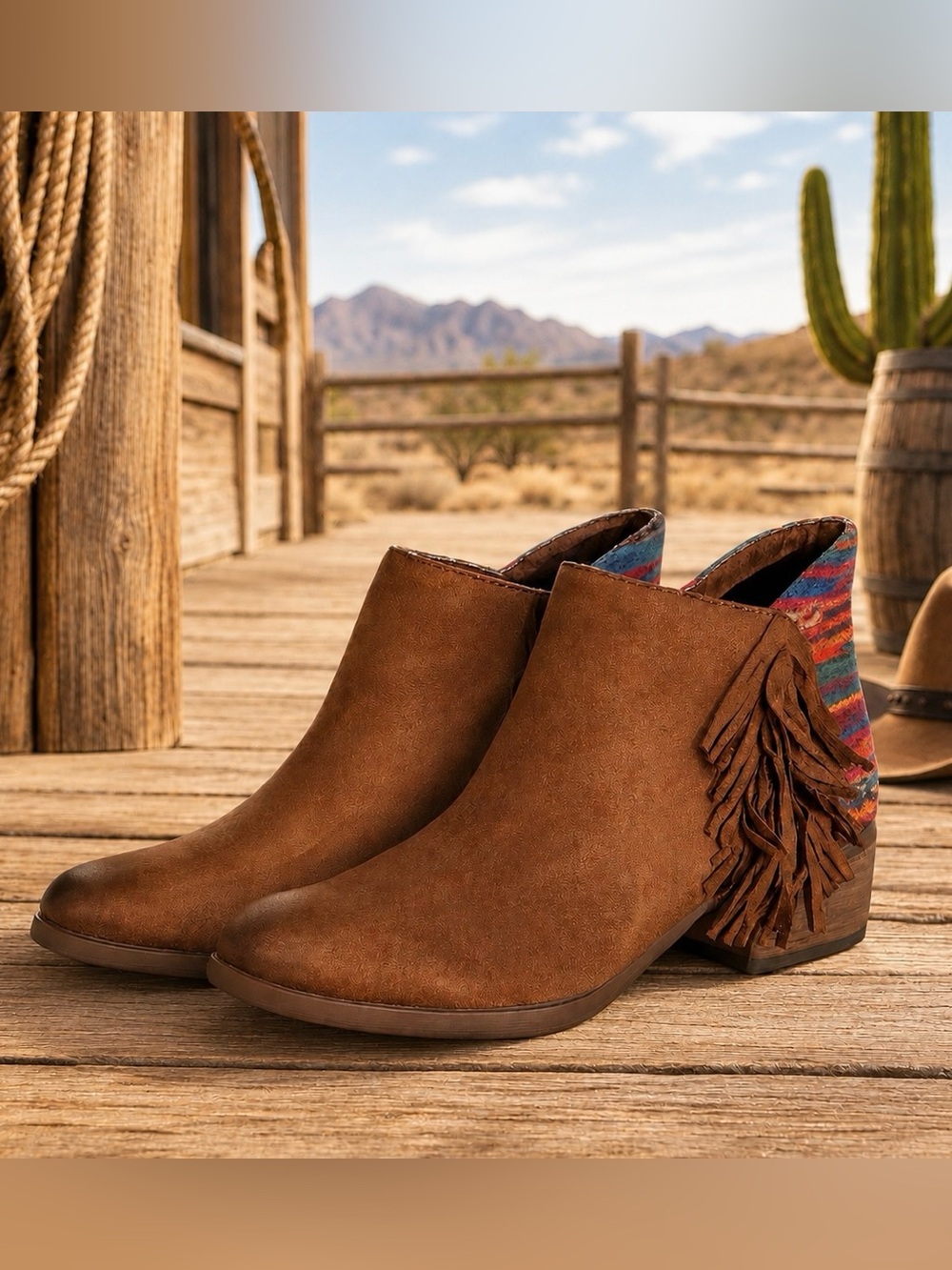 Chestnut Brown Faux Suede Fringe Women Ankle Bootie Boho Aztec Western, Size 9.5